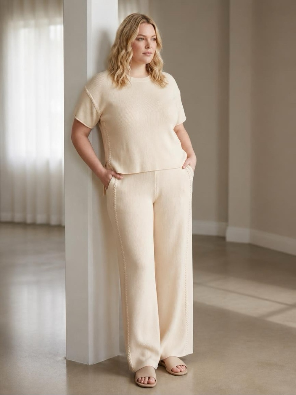 214 Zenana Sand Sweater Short Sleeve Top and Wide-Leg Knit Pants